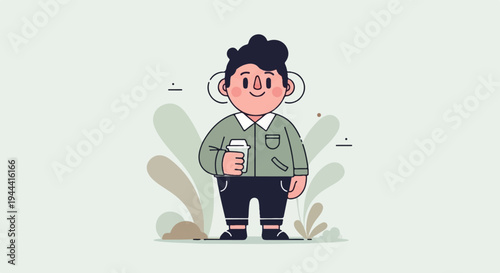 A happy, stylized person with dark hair, pink cheeks, and a green jacket holding a coffee cup