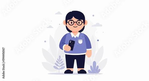A stylized person with dark hair and glasses holds a black phone