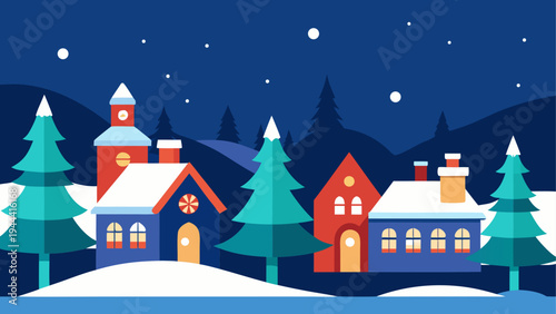 Winter village scene with snow and trees