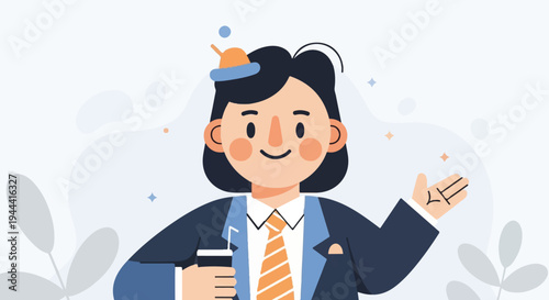 Cheerful person in suit, holding drink, with a party hat