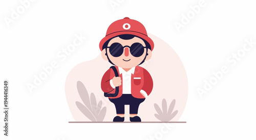 A cartoon character with a red hat, sunglasses, and a red jacket, holding a bag