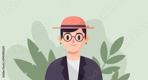 Friendly, smiling person wearing a hat and glasses, with stylized greenery in the background