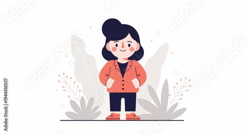 A charming, stylized cartoon depicts a woman in a coral blazer and dark pants, standing amidst abstract foliage