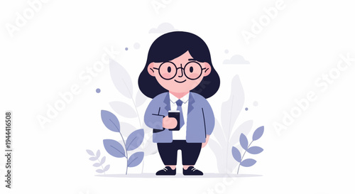 Stylized cartoon figure in business attire, holding a phone, surrounded by foliage