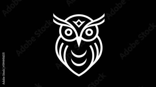 A white geometric owl design on a black background. Simple yet elegant with clean lines