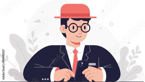 A man in a suit and hat holds a smartphone, with plants in the background