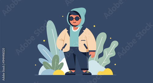 Trendy person in casual wear standing amidst abstract foliage under a speckled sky