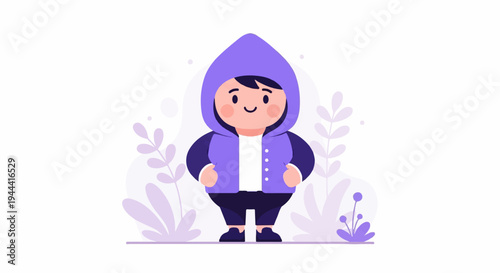 Cheerful cartoon character with purple hoody, standing amidst soft purple foliage