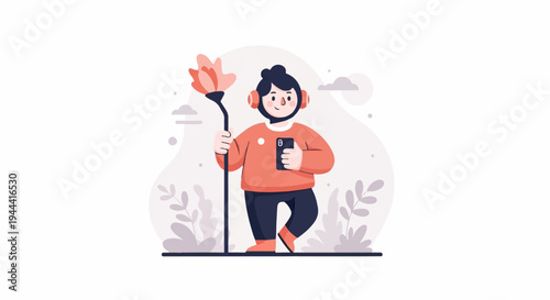 Person with headphones holding flower stick and phone, surrounded by abstract shapes and plants