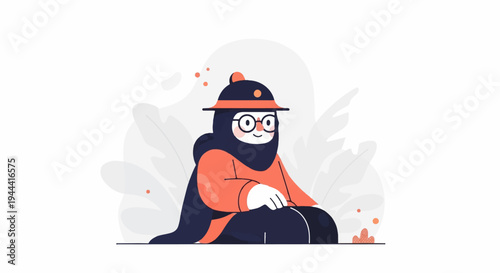 Whimsical character in a hat and cloak sits amidst stylized foliage