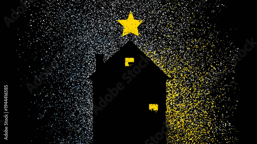 Silhouette of a house with a star, surrounded by glitter in yellow and white, on a black background