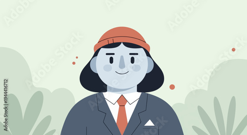 A stylized flat illustration of a person wearing a suit and beanie, with abstract shapes in the background