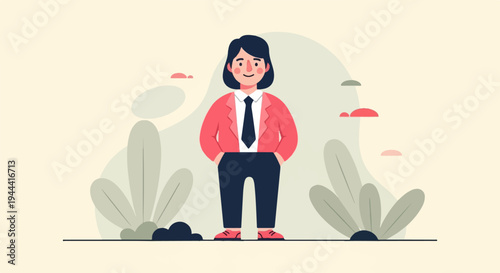 Minimalist flat illustration of a person in business attire standing amidst abstract plant shapes and soft hues