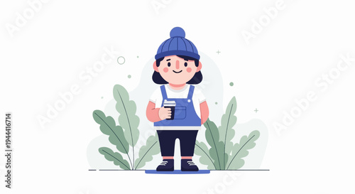 A cute, stylized cartoon character wearing a beanie, overalls, holding a coffee cup