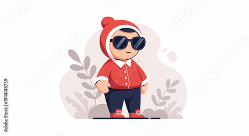 A cartoon figure in a red hooded jacket and sunglasses with dark pants and red shoes