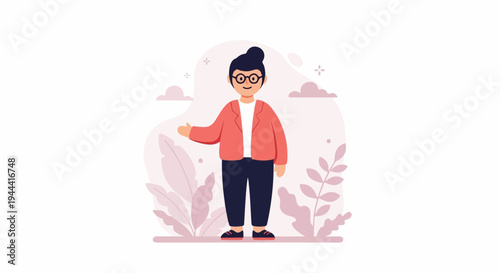 A person in a coral jacket and glasses stands among plants and clouds