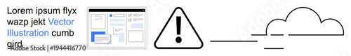 Digital safety, cloud storage, data management, interface design, online communication, web services. Warning icon, cloud graphic and interface elements. Digital safety and cloud storage concept