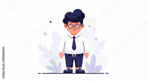 A stylized cartoon boy with dark, voluminous hair, round glasses, wearing a white shirt, dark tie, and dark shorts