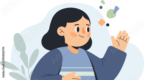 A stylized illustration depicts a cheerful, dark-haired girl with a blue shirt and open hand