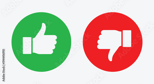 Two circular icons displaying opposing gestures a thumbs up and a thumbs down in vibrant colors silhouette high quality