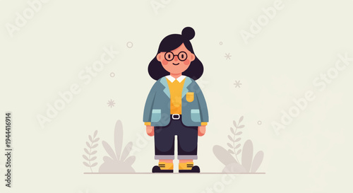 A stylized woman with glasses and a bun stands on a light background with abstract plants