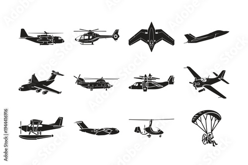 Black silhouettes of various aircraft including planes helicopters and a parachute