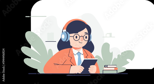 Animated woman with headphones, glasses, and suit holding tablet, with books and plants