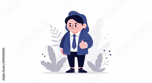 Chubby businessman in a suit gives a thumbs up, surrounded by stylized leaves