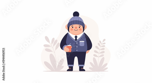 Chubby character in a warm outfit holding a beverage, with subtle plant elements