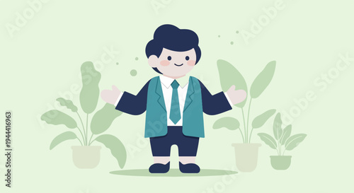 Cheerful person in a suit stands among plants, with arms outstretched welcomingly