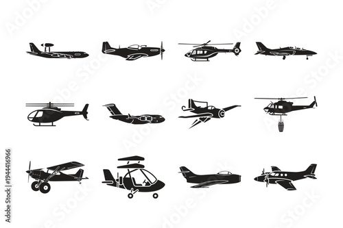 Collection of black silhouette aircraft including planes helicopters and biplanes
