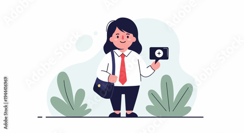 Cheerful person in professional attire holds a sign with a plus symbol