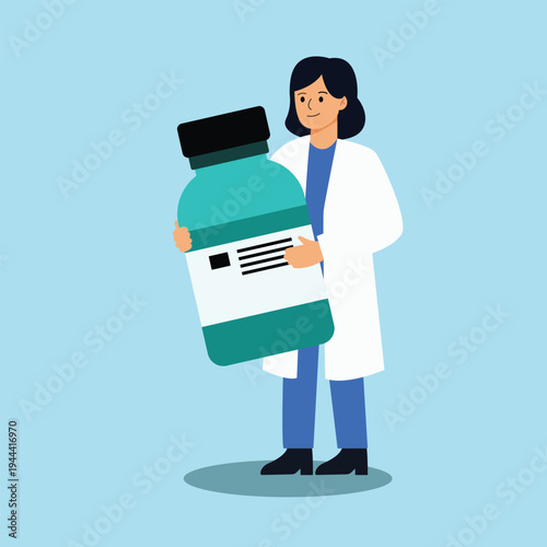 Professional woman in a lab coat, a dedicated scientist or pharmacist, confidently holds a large bottle representing healthcare advancements and scientific discovery