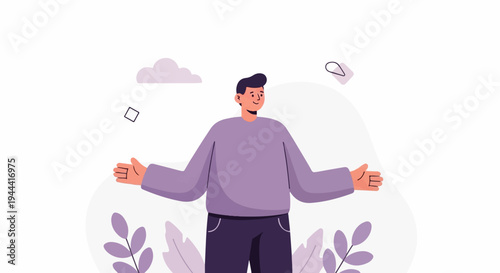 Modern minimalist illustration of a smiling person with open arms, surrounded by abstract shapes