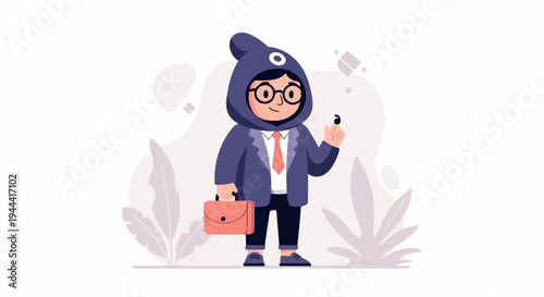Stylized figure in a suit and quirky hood, holding briefcase and small object