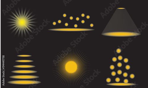Golden Sunbursts and Light Beams Flat Design Vector Illustration