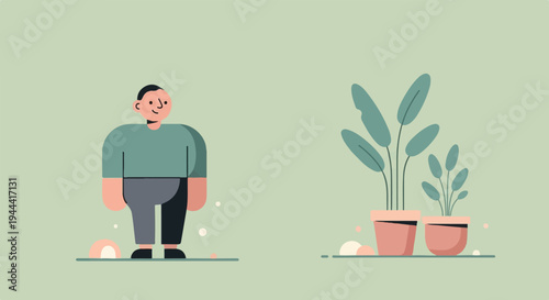 Minimalist flat illustration of a person and potted plants on a soft green background