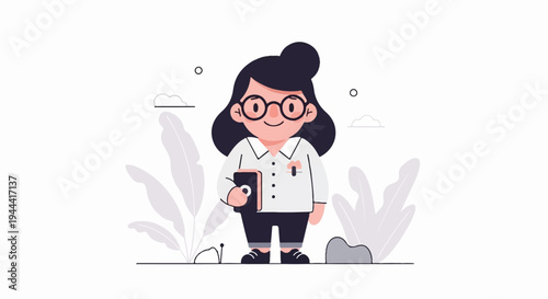 A stylized illustration of a person in glasses holding a book