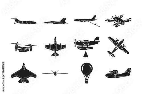 Collection of various aircraft silhouettes including planes helicopters and airships