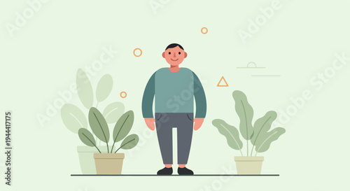 Flat illustration of a man standing between potted plants, with decorative circles and shapes