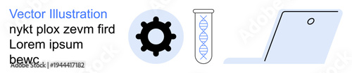 Biotechnology, research, innovation, technology, scientific processes, data analysis. Gear icon, DNA test tube laptop drawing. Biotechnology and research