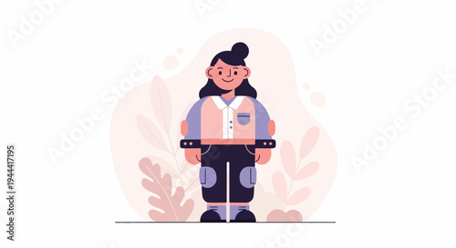Flat illustration of a person with dark hair, wearing a collared shirt and cargo pants, with plants