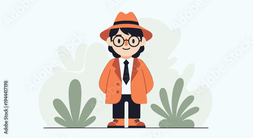 Stylized character in orange hat, coat, and tie, standing amidst abstract plant shapes
