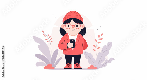 A cartoon person in a coral jacket, beanie, and glasses holds a smartphone