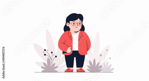 Stylized illustration of a smiling person with glasses and a coral jacket, standing