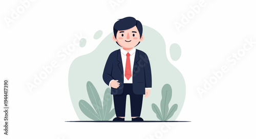A cartoon man in a dark suit with a red tie stands in front of a light green abstract background with plants