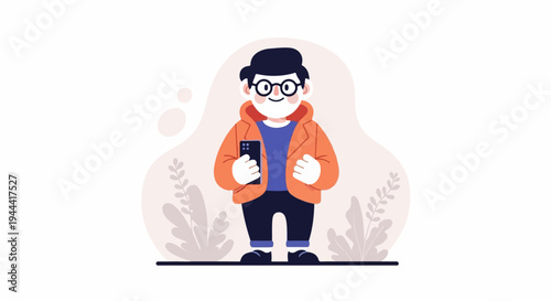 Cheerful person in an orange jacket holding a smartphone, with abstract shapes and plants in the background