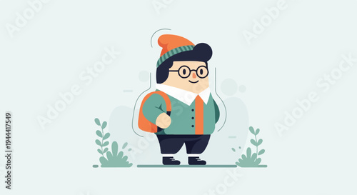 Cheerful character with backpack and hat, ready for adventure