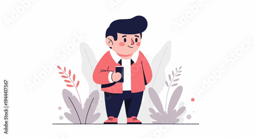 Chubby cartoon character in coral jacket and navy pants, holding phone, amidst stylized leaves