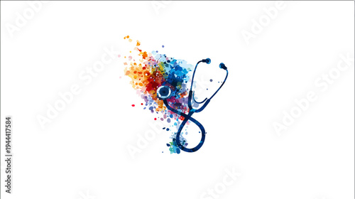 A medical stethoscope graphic with watercolor-like paint splatter background, white canvas